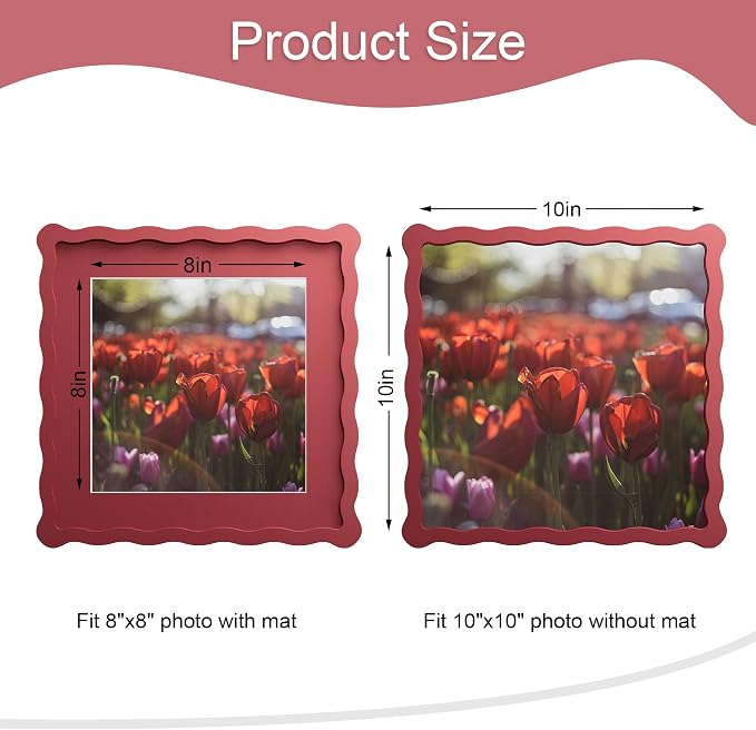 10x10 Picture Frame with Mat for 8x8, Wavy Edge Wooden Real Glass Photo Frame - Image 3