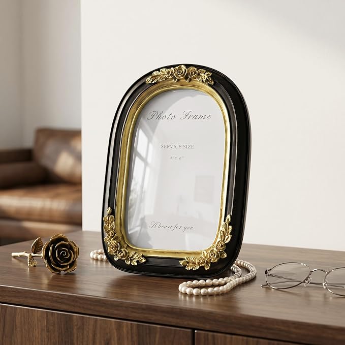 Cuspin Vintage 4x6 Picture Frame Black and Gold, Ornate Arched Resin Photo Frame - Image 8