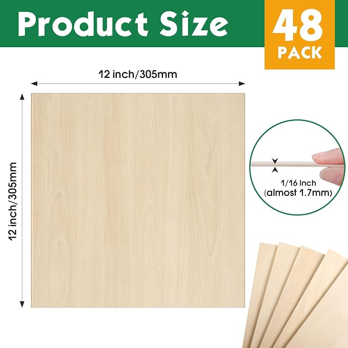 48 Pack Basswood Sheets 1/16x12X12Inch, Plywood Sheets - Image 2