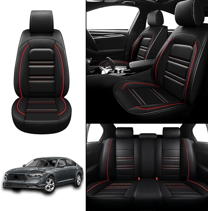 Seat Covers for Honda Accord 2003-2025 | 5-Seats Leather Seat Covers, Easy to Install Automotive Seat Covers Full Set (Full Set, Black&Red Line)