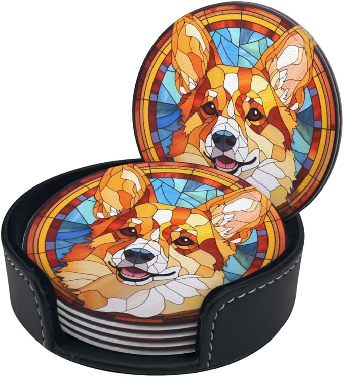 Drink Coaster Set of 6, Corgi Dog Mom Lover Gift, Leather Drink Coasters - Image 2