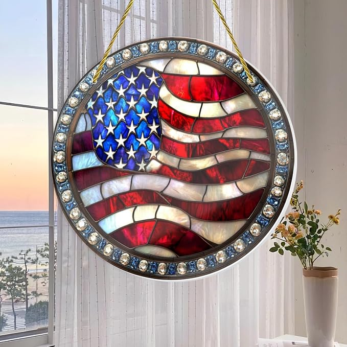 Stained Glass American Flag, Hand-Painted Star Motifs, Vintage Patriotic Wall - Image 5