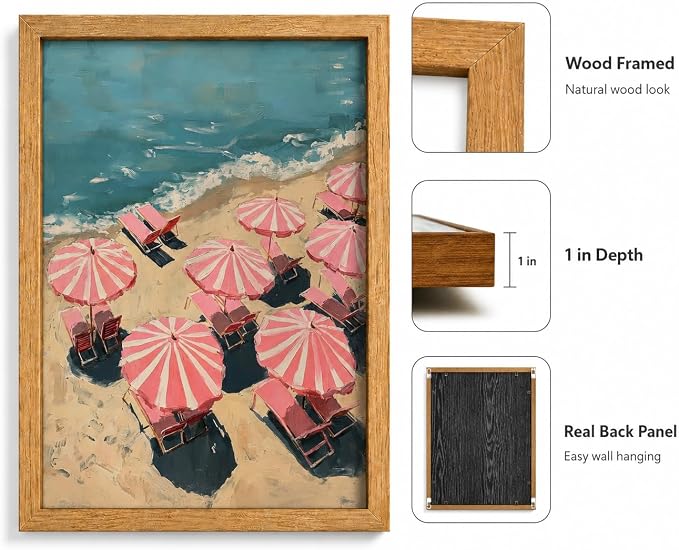 Framed Pink Beach Umbrella Canvas Wall Art, Girl Coastal Natural Painting - Image 4