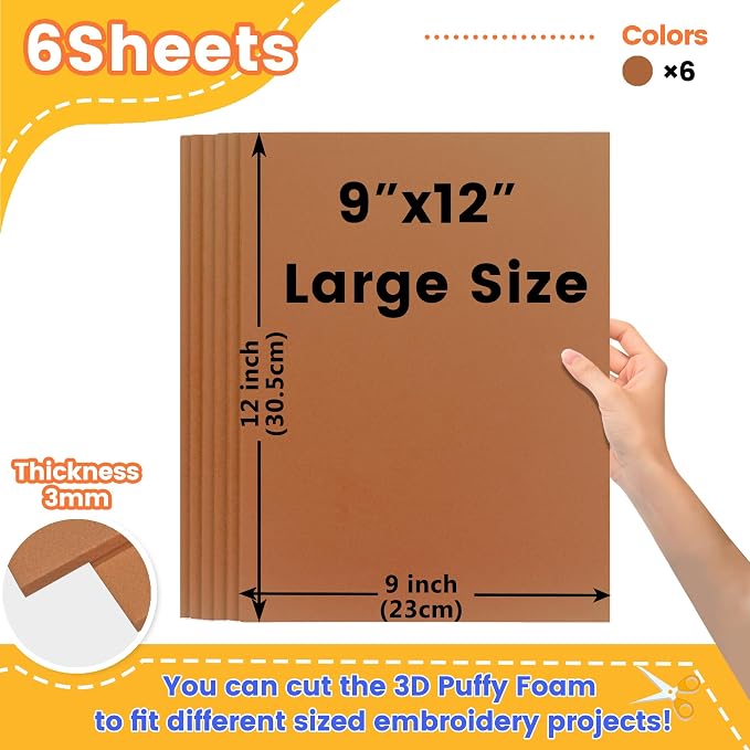 New brothread - 16 Options- 6PCS Embroidery Puffy Foam 9″x12″ Large Size 3MM - Image 2