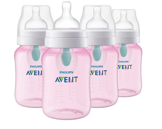 Philips Avent Anti-Colic Baby Bottle with AirFree Vent, 9oz, with Flow 2 Nipples, 1m+, Pink, SCY703/14 (Pack of 24)