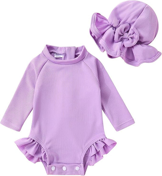 YOUNGER TREE Infant Baby Girls Swimsuit Long Sleeve Swimsuits One Piece Swimsuit Solid Color Bathing Suit with Hat, UPF 50+