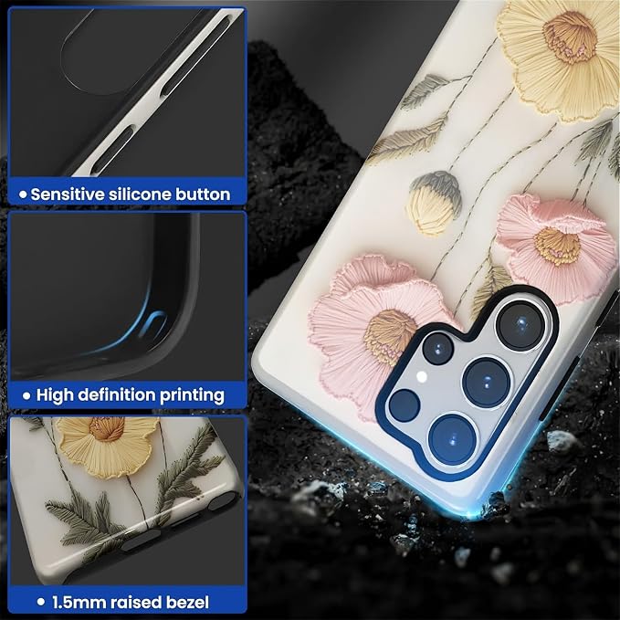 Case for Samsung Galaxy S25 Ultra Case, Faux Embroidery Boho Floral Design - Image 4