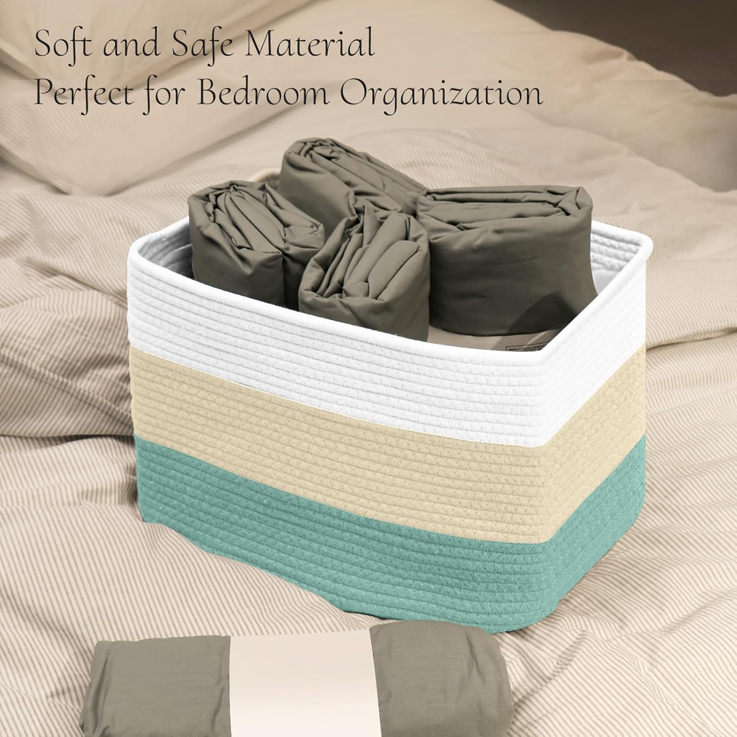 Hopegiver Woven Storage Baskets 15x11x10 Inch, 1 Pack Collapsible Cube Storage Bin for Shelves - Foldable Cotton Rope Organizer Bins for Towels, Toys, Books, Closet, Nursery (White Cream Green)