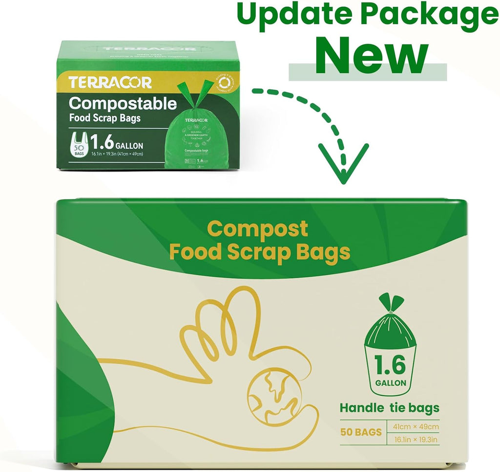 1.6 Gallon Compostable Food Scrap Bags Handle Tie for Kitchen Countertop Bin, 6 Liter Small Compost Bags, 50 Count, BPI Certified and Meet The ASTM D6400 Standard