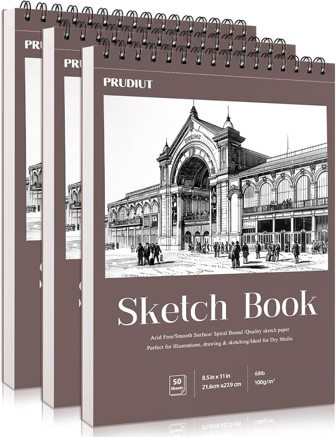 3 Pack Sketch Book 8.5×11 inch, Spiral Bound Sketch Pad 50 Sheets, Acid-Free by Prudiut
