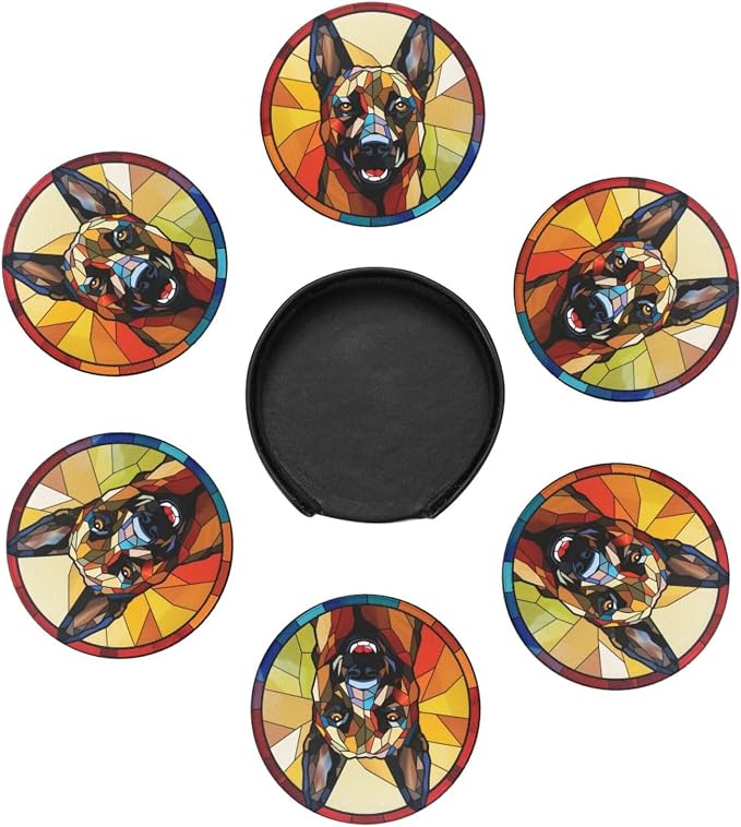 Drink Coaster Set of 6, Belgian Malinois Dog Mom Lover Gift, Leather Drink - Image 4