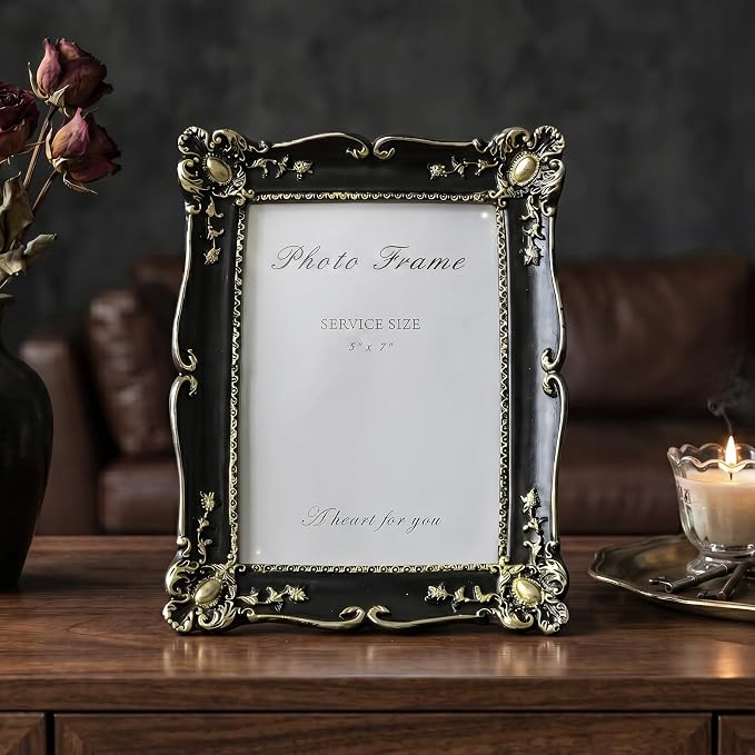 Cuspin Vintage 5x7 Picture Frame Black and Gold, Ornate Resin Photo Frame - Image 8