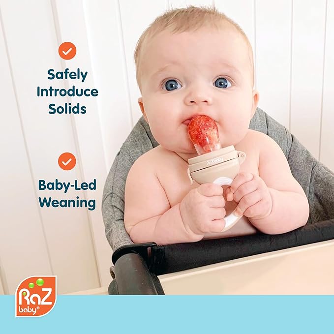 RaZbaby Baby Solids/Frozen Fruit Feeder Pacifier, Infant Teether Toy 6M+, BPA-Free, Safely Introduce Solids, Natural Teething Relief, Dishwasher Safe, Freezable – Grey & Tan 2-Pack