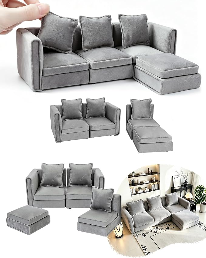 iLAND Dollhouse Furniture Sectional Dollhouse Couch Set Light Grey Velvet Sofa by ILANDTradingCoLtd