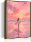 Framed Pink Sunset Surfer Girl Canvas Wall Art Soft Pastel Beach Seascape by HomeifHue