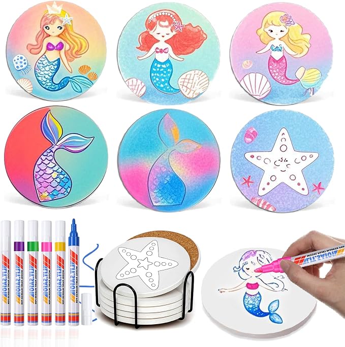 6 Absorbent Ceramic Tiles with Cork Base, Paint Your Own Mermaid Coaster | Arts by Unknown