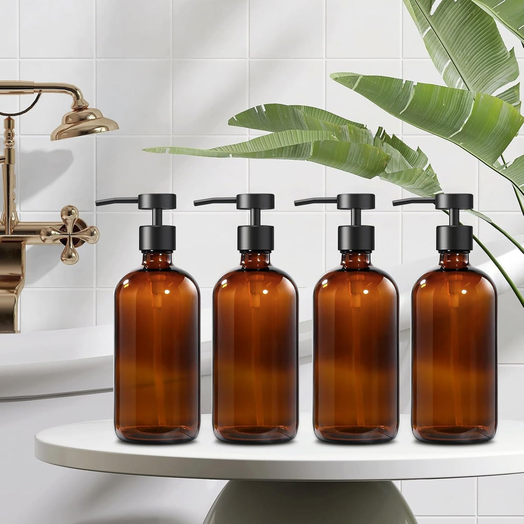 GMISUN Amber Glass Soap Dispenser, 4 Pack Bathroom Hand Soap Dispensers with Stainless Steel Flat Pump, 17 Fl Oz Kitchen Dish Soap Dispenser, Modern Vintage Liquid Brown Soap Dispensers Bottle Set