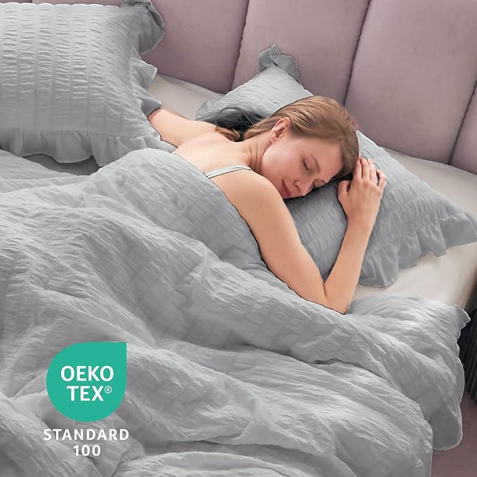 JOLLYVOGUE Light Grey Queen Comforter Set, 3 Pieces Seersucker Comforters Queen - Image 7