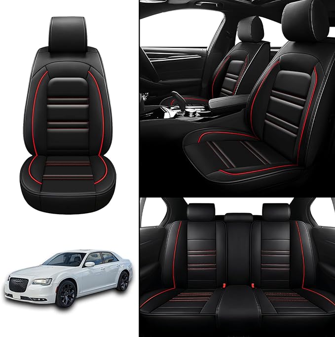 Seat Covers for Chrysler Car 300 2005-2023 | 5-Seats Leather Seat Covers, Easy to Install Automotive Seat Covers Full Set (Full Set, Black&Red Line)