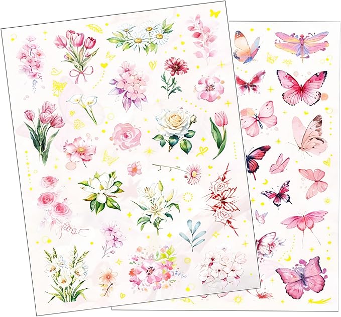 Transparent Floral Butterfly Scrapbook Stickers Pack, Waterproof Dreamy Decals by STARZIWEN