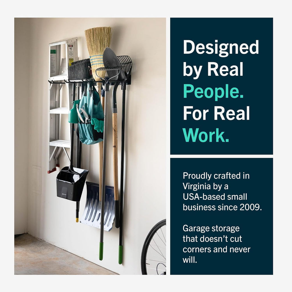 StoreYourBoard Wall-Mounted Rack With 4 Garage Hooks – Heavy-Duty Steel Holder Garage & Garden Storage for Shed, Workshop, or Home Organization – For Rakes, Shovels, Tools & More – 1 Pack, Black