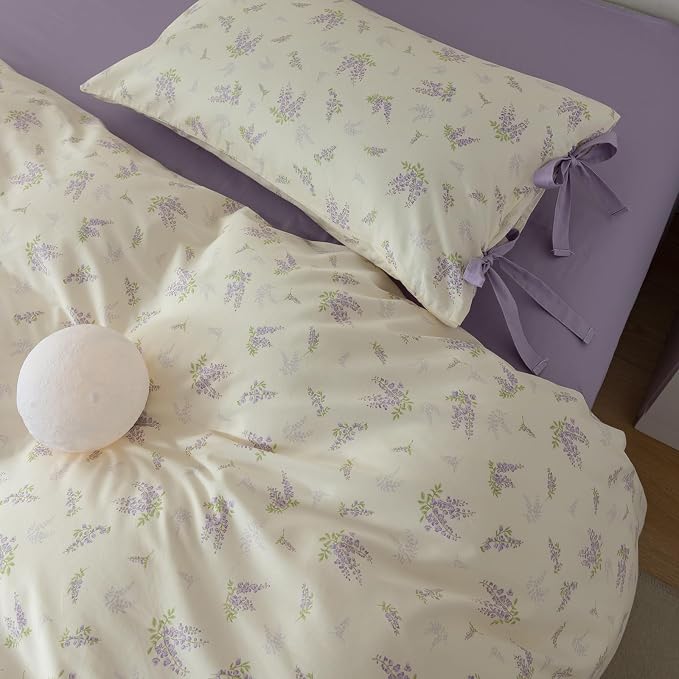 mixinni Cotton Purple Floral Duvet Cover Twin Size Soft Cottage Ribbon Bedding - Image 4
