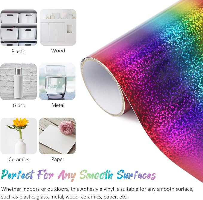 Glitter Rainbow Gradient Permanent Adhesive Vinyl 12'' x 5FT Iridescent Sparkle - Image 2