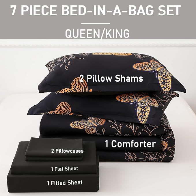 Yogeneg 7 Piece Bed in a Bag King Size Comforter Set Black Bedding Set - Image 6