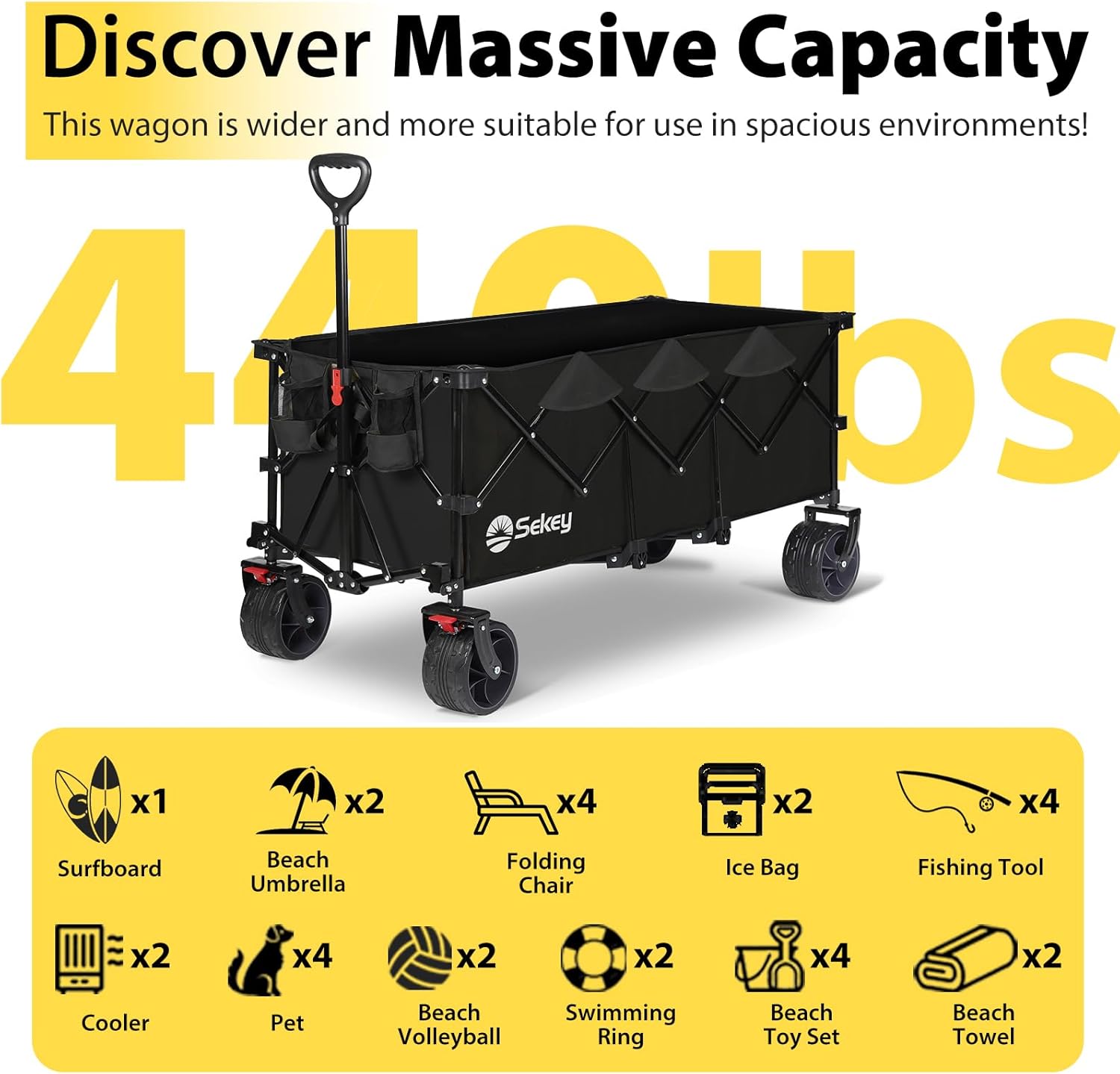 Sekey 48''L Collapsible Foldable Extended Wagon with 440lbs Weight Capacity, Heavy Duty 300L Folding Utility Garden Cart with Big All-Terrain Beach Wheels & Drink Holders. Black