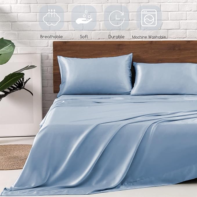 MR&HM Satin Bed Sheets with Elastic Corner Straps, Queen Size Sheets Set - Image 5