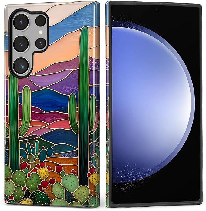 for Samsung Galaxy S24 Ultra Case, Stained Glass Cactus Pattern Glossy 2 in 1 - Image 3