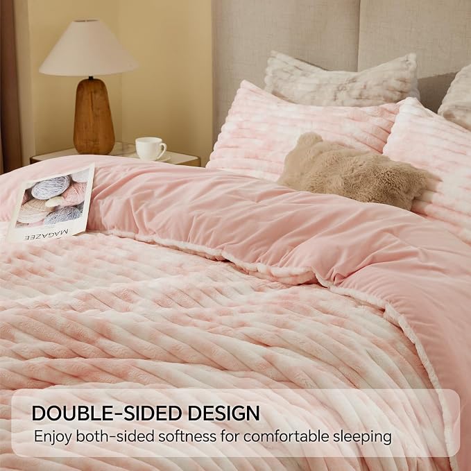 BEDELITE Fleece Full Comforter Set -Super Soft & Warm Fluffy Pink&White Bedding - Image 5
