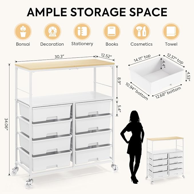 Rolling cart with 8 drawers, Storage drawer cart with wooden tabletop, Lockable - Image 3