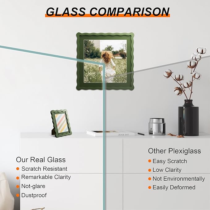 10x10 Picture Frame with Mat for 8x8, Wavy Edge Wooden Real Glass Photo Frame - Image 2