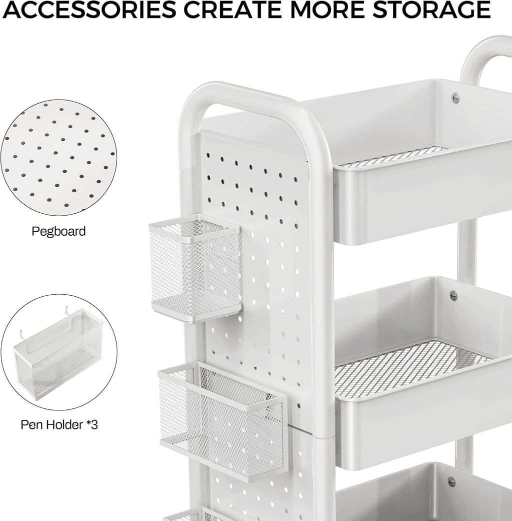 DESIGNA 3-Tier Rolling Cart, Utility Cart with Handle, Extra 3 Storage Accessories, Removable Pegboard, Easy Assembly Craft Carts for Kitchen, Bathroom, Office, Metal, White