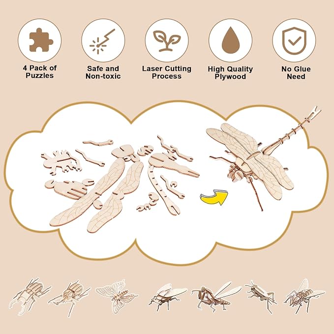 ELX Wooden 3D Puzzles for Kids 6+, 8 Piece Set Insect Animal Models, Wood - Image 3