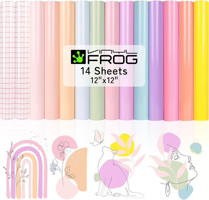 VINYL FROG Pastel Permanent Vinyl -12‘’x12'' Glossy Boho Vinyl Bundle 14 Sheets by VINYLFROG