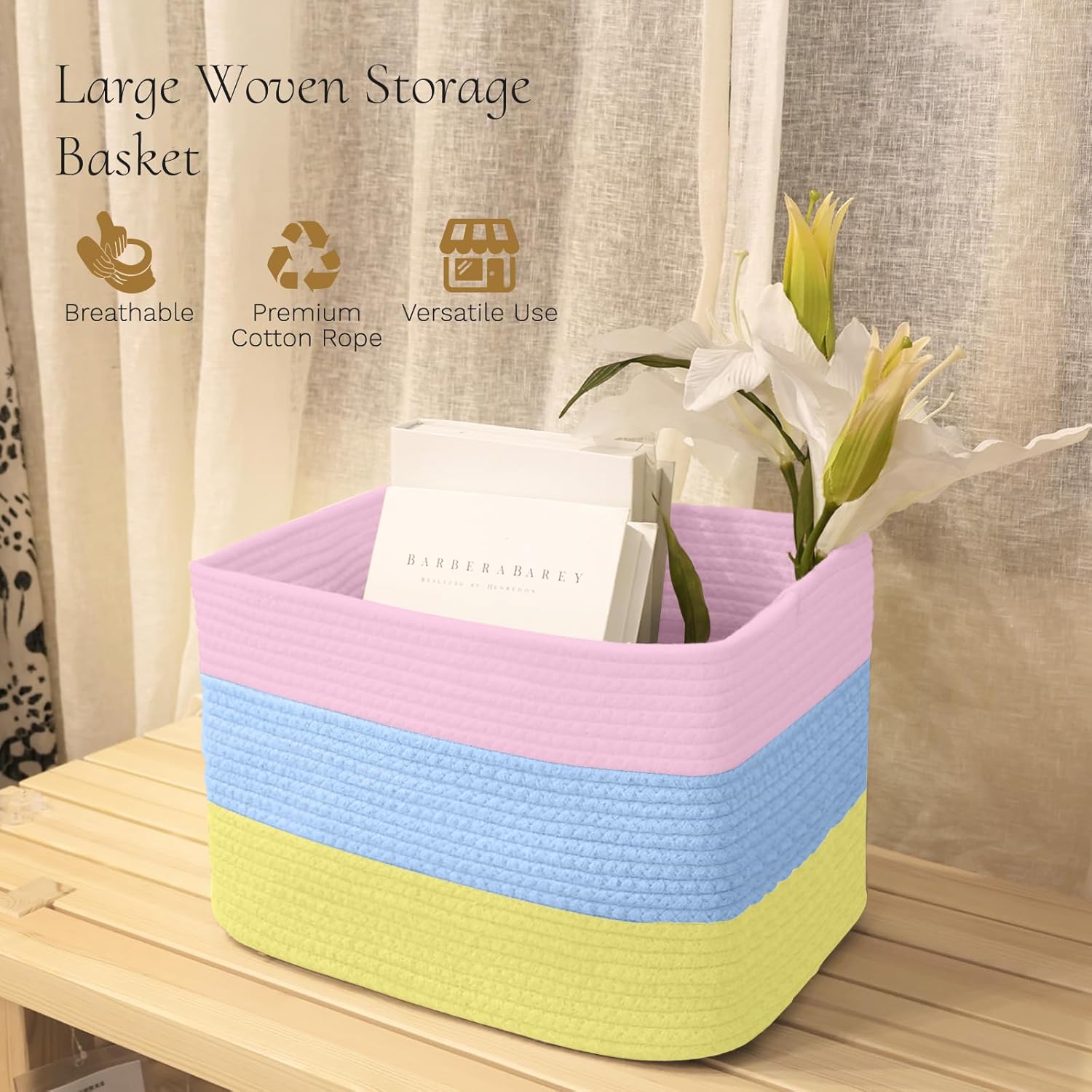Hopegiver Woven Storage Baskets 15x11x10 Inch, 1 Pack Collapsible Cube Storage Bin for Shelves - Foldable Cotton Rope Organizer Bins for Towels, Toys, Books, Closet, Nursery (Pink Blue Yellow)