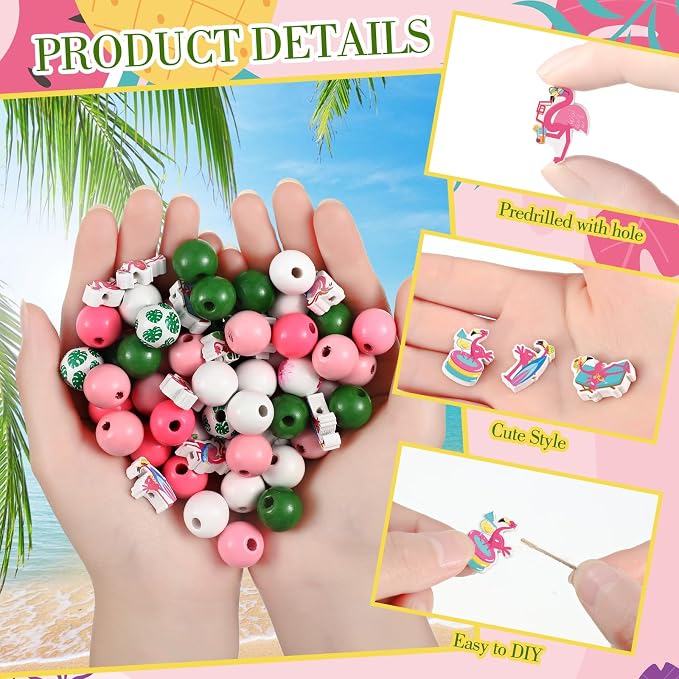 Tradder 200 Pcs Summer Flamingo Beach Beads Set Tropical Round Wood Charms - Image 5