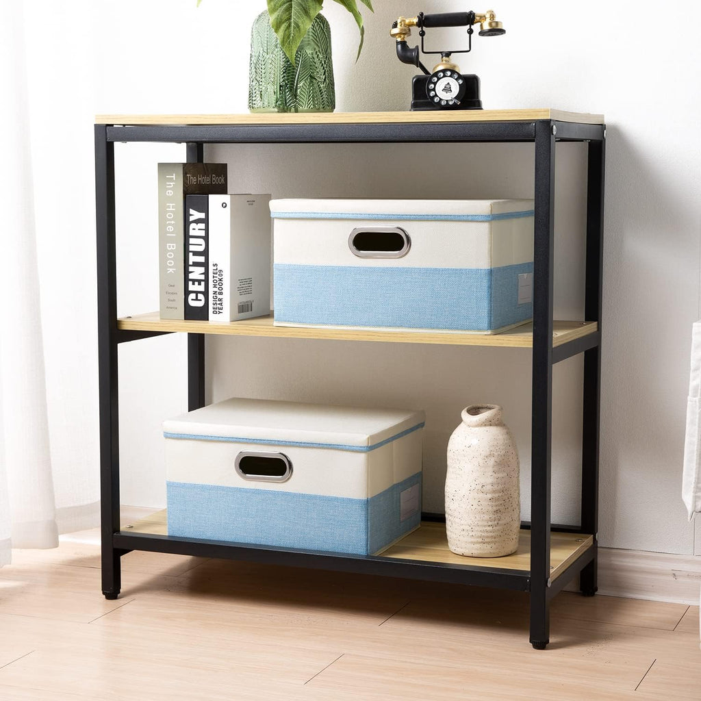 PRANDOM Collapsible Storage Bin with Lid [3-Pack] Fabric Foldable Storage Box Organizer Container Basket Cube with Cover for Home Bedroom Closet Office Nursery Blue&Cream(14.9x9.8x9.8)