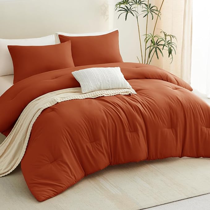 CozyLux Full Size Comforter Set Terracotta, 3 Pieces Burnt Orange Rust Solid - Image 8