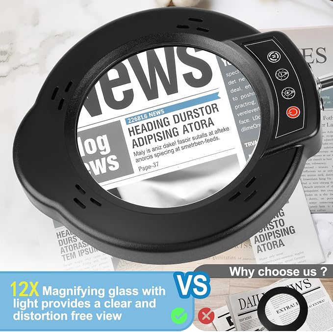12X Magnifying Glass with Light and Stand, Upgrade Real Glass Magnifying lamp - Image 4