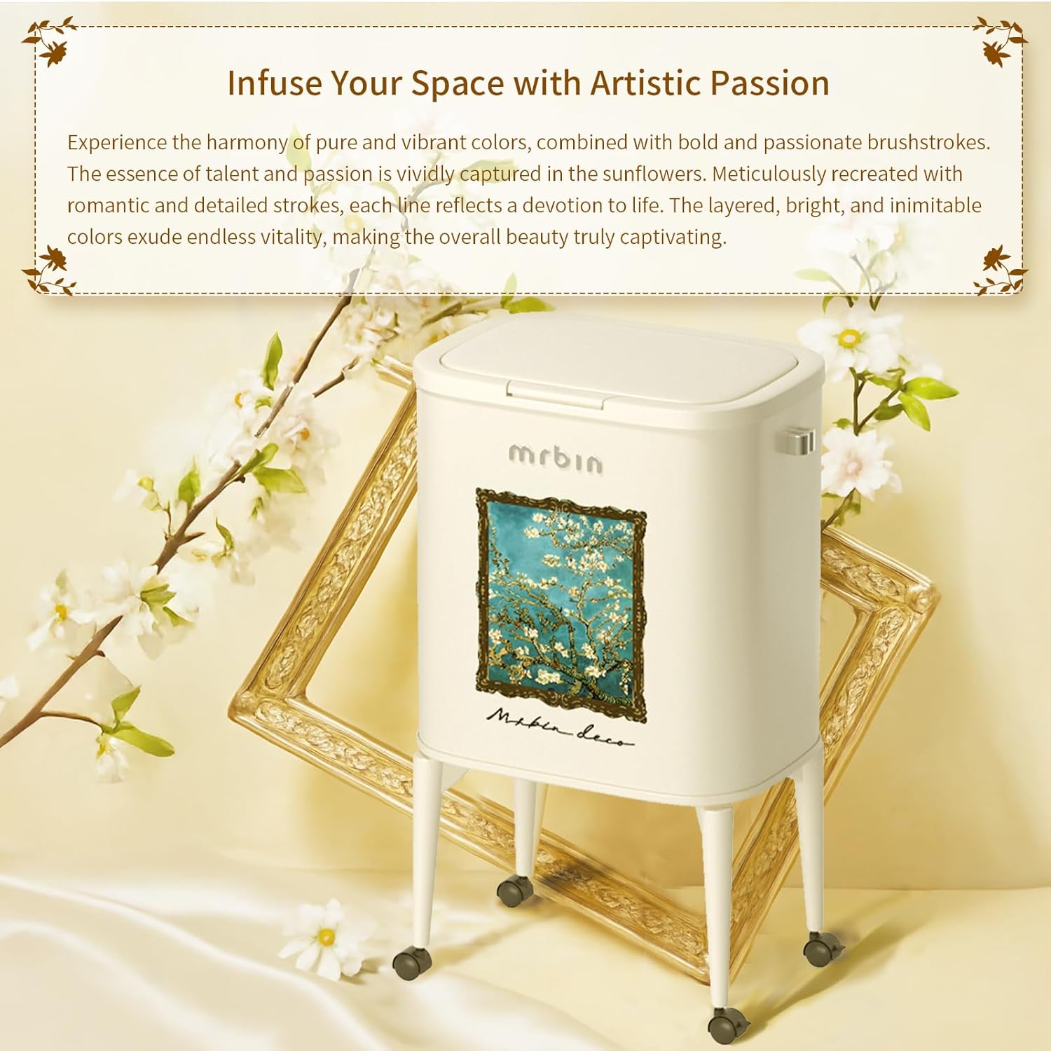 MRBIN Metal Kitchen Trash Can with Wheel Legs, 36L / 9.5gal Medium Press Lid Slim Removable Waste Basket, Pet Proof Tall Narrow Garbage Pail for Vanity, Bedroom, Bathroom, Living Room, Almond Blossom