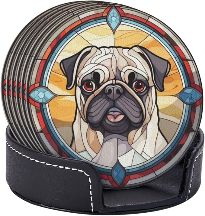 Drink Coaster Set of 6, Pug Dog Mom Lover Gift, Leather Drink Coasters - Image 2