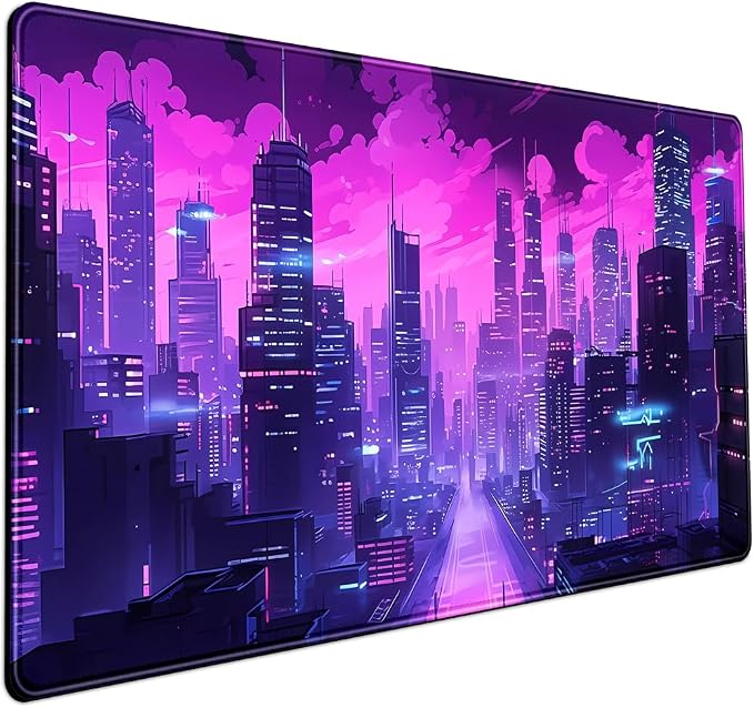 Cyberpunk Neon Purple City Gaming Desk Mouse Pad XL Pink Extended Mouse Pad by Mechanical+Cattle