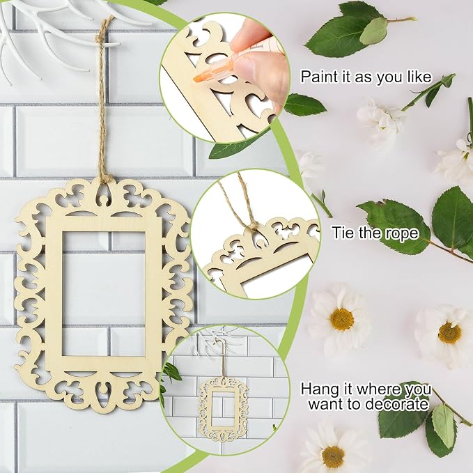 12 pcs Rectangle Theme Unfinished Wooden Photo Frames Floral Laser Cut Wood - Image 3