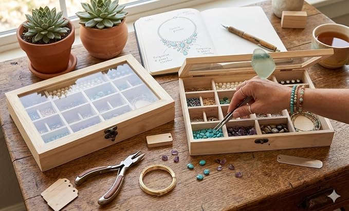 2 Pack Unfinished Wood Box, Glass Lid, 14 Compartment Jewelry Organizer | - Image 3