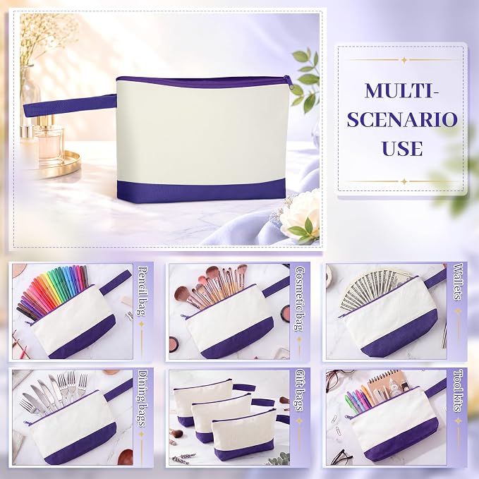 Silkfly 15 Pcs Cotton Canvas Makeup Bags Cosmetic Zipper Bags 10.2 x 5.5 x 2'' - Image 4