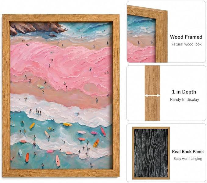 Framed Pink Girl Coastal Canvas Wall Art, Vintage Beach Painting Picture Wall - Image 4