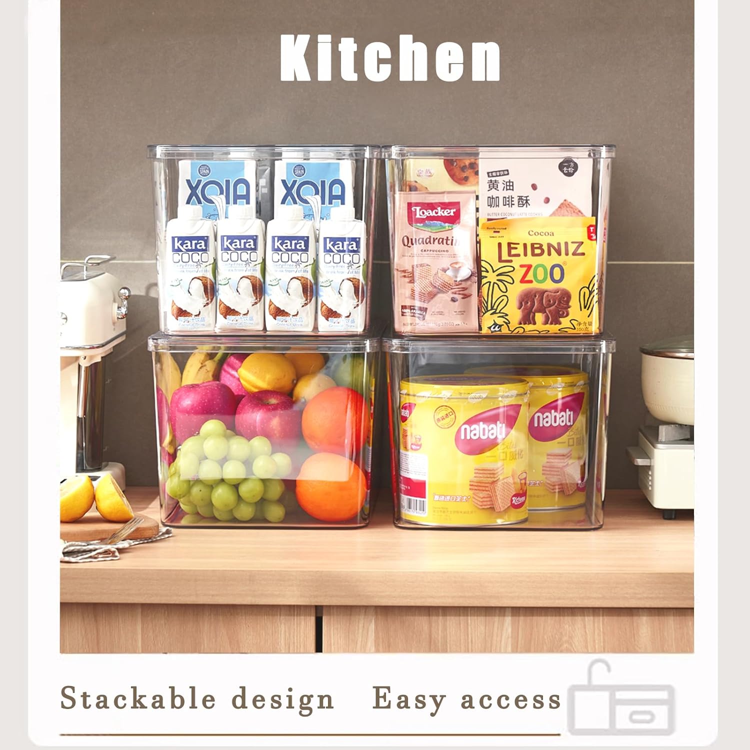 Clear plastic storage bins with LIDS-4packs,storage containers for snacks, cosmetics, books, dog food, Storage Organizer for Nursery，Kitchen, Living room,Bedroom, Bathroom, Office